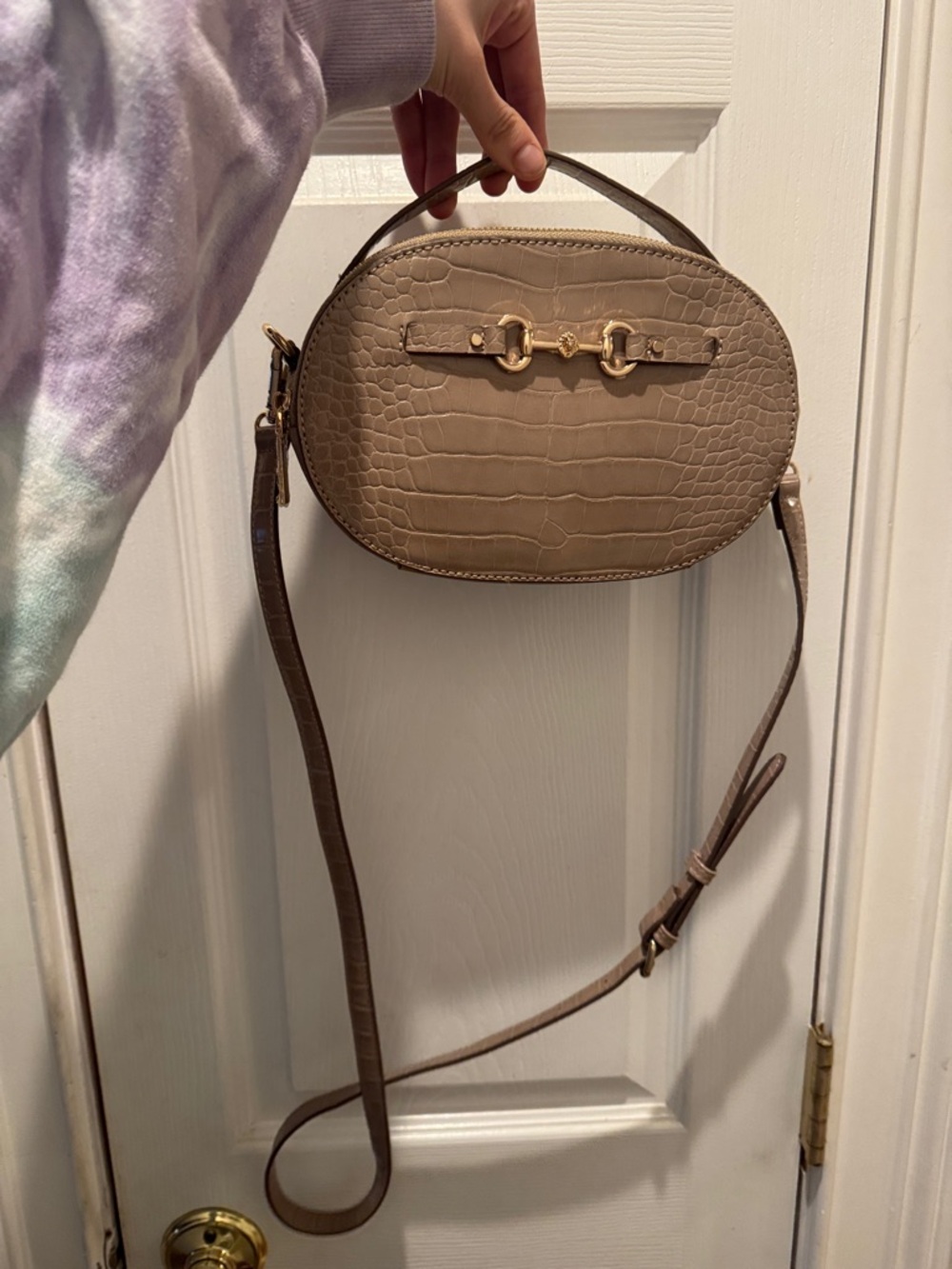 Anne Klein Croc-Embossed Oval Crossbody in Taupe with Gold Hardware